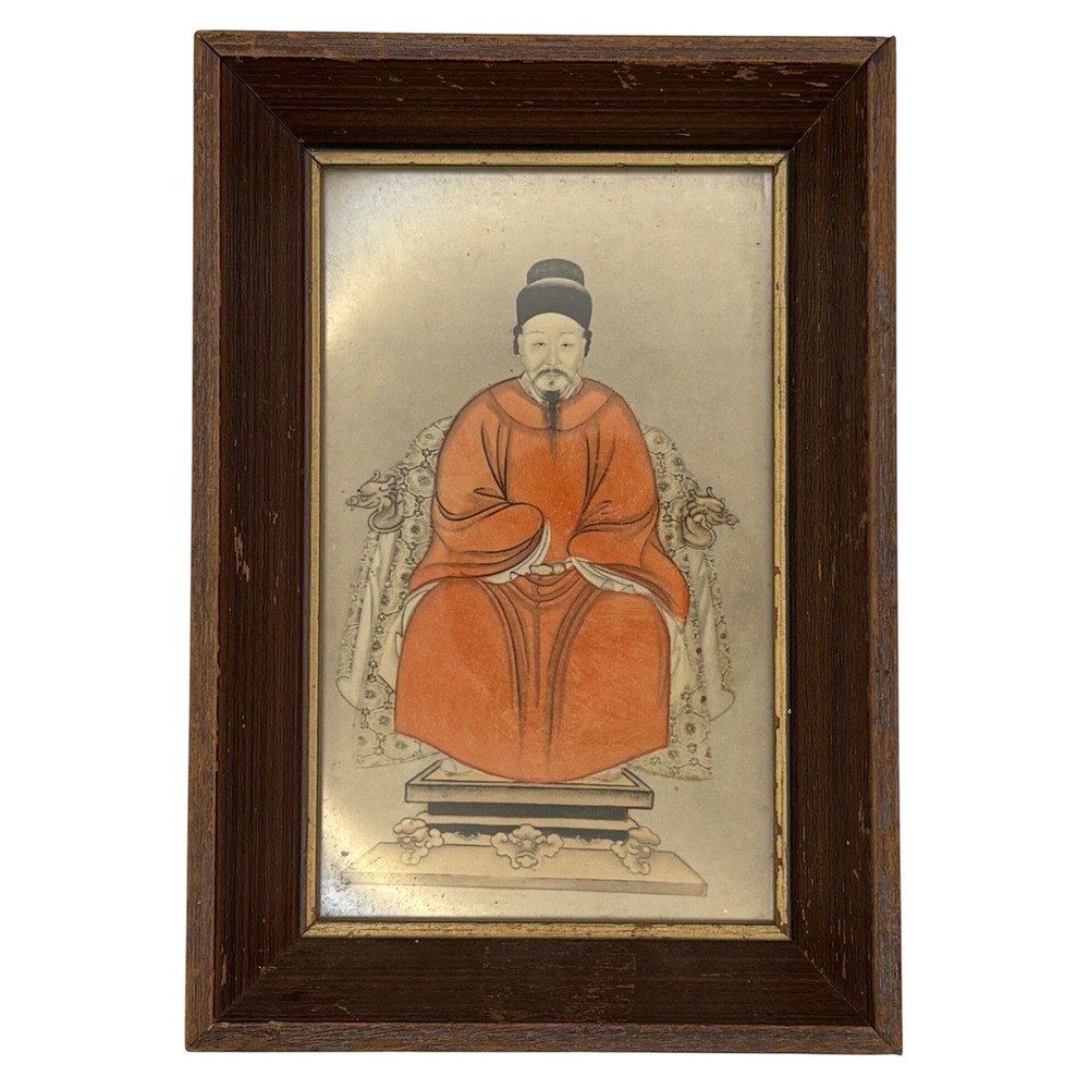 Vtg Chinese Ancestor Portrait Painting Miniature Silk Qing Republic 6x3.5